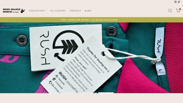 A screenshot of a homepage of a RUSH clothing brand website