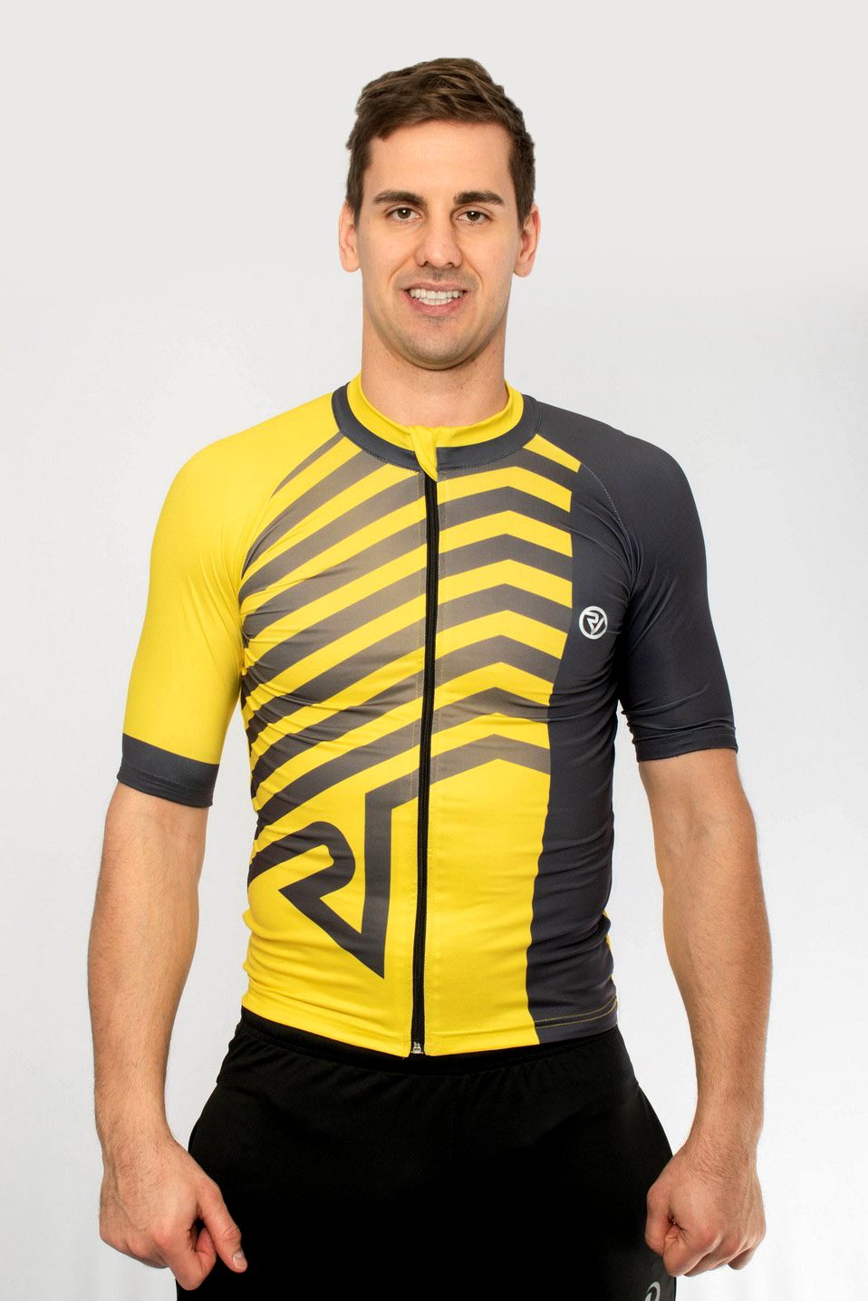 A man wearing a yellow cycling full-zip jersey (front is shown)